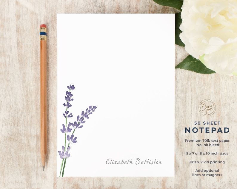 Personalized Notepad - LAVENDER - Stationery / Stationary 5x7 or 8x10 Notepad - rustic painted purple flower watercolor notes 