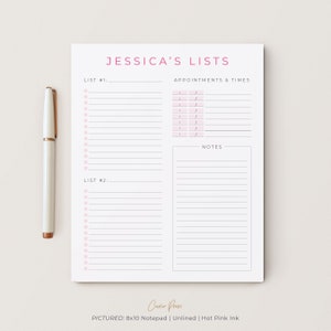 Personalized Daily Planner Notepad, Listed Appointments and Times, Organizational Gift, 5 x 7 or 8 x 10 size 50 Sheets, Checklists Pad