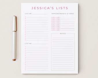 Personalized Daily Planner Notepad, Listed Appointments and Times, Organizational Gift, 5 x 7 or 8 x 10 size 50 Sheets, Checklists Pad