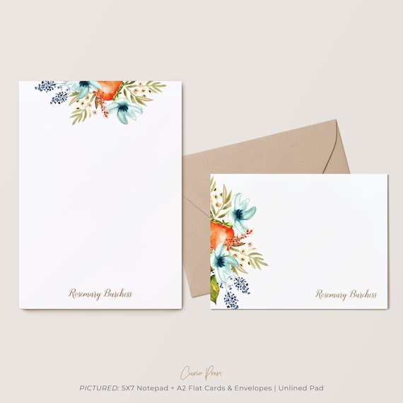 Personalized Stationery Set for Women - Pretty Floral Flat Note Cards with  Envelopes - Custom Thank You Cards - Script Flower Stationary - Fruit