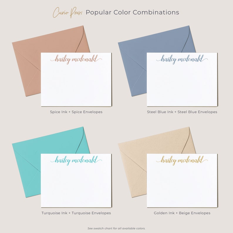 Elegant Personalized Stationery for Women, Custom Note Cards with Envelopes, Script Style, Your Choice of Colors, Graceful Script Flat image 4