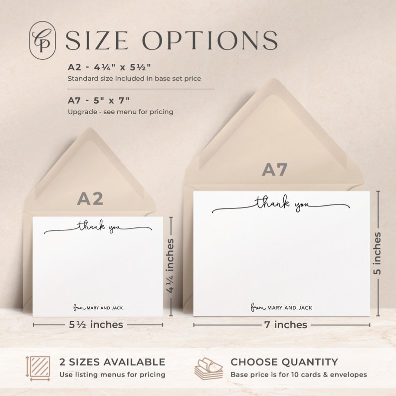 May include: Two sizes of thank you cards are shown. The smaller card is 4 1/2 inches by 5 1/2 inches and the larger card is 5 inches by 7 inches. Both cards are white with a simple black "thank you" script. The text "from Mary and Jack" is printed on both cards.