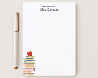 Personalized Teacher Notepad, Custom From the Desk of Apple Books Notepad, Lined or Unlined, 5 x 7 or 8 x 10, 50 Sheet Notepad, Books Pad