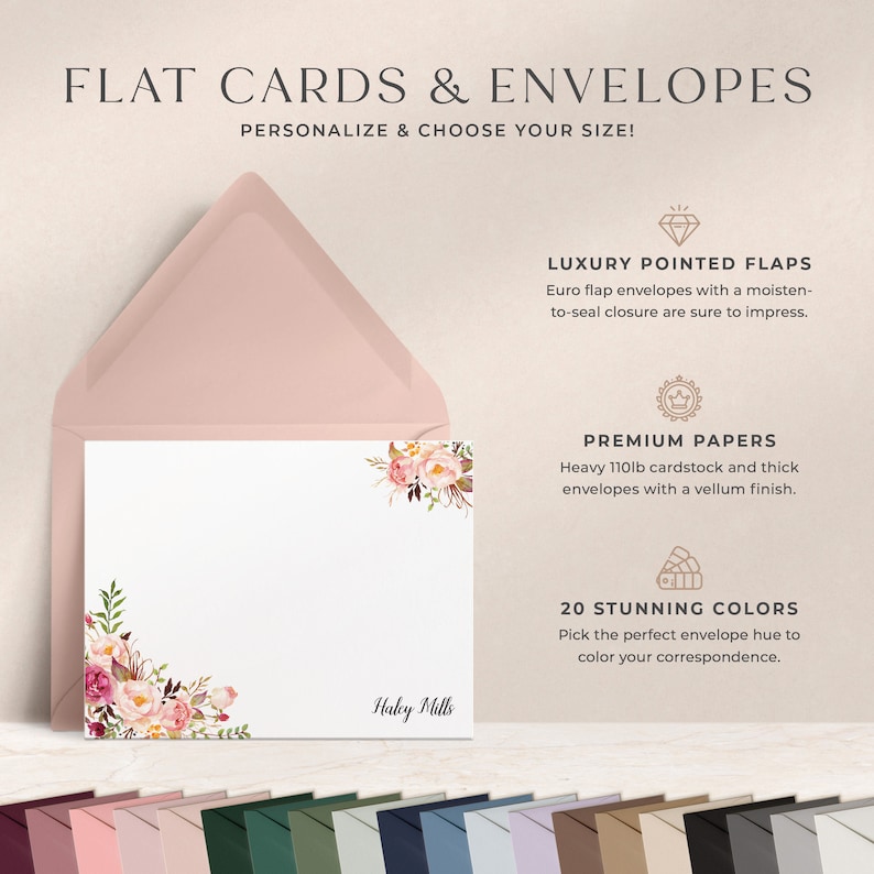 Personalized Floral Note Cards With Envelopes | Watercolor Rose Peony ...
