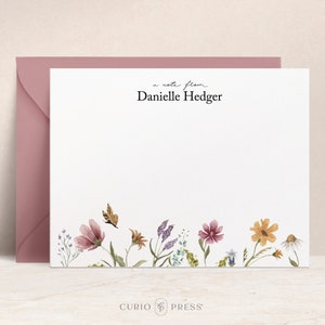 Personalized Floral Flat Note Cards, Boho Custom Stationery Set with and Butterfly & Pastel Wildflowers, Gift for Women, Girls - Everly Flat