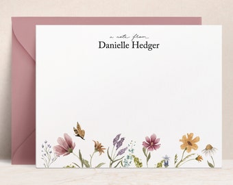 Personalized Boho Floral Note Cards with Envelopes | Pastel Pink, Yellow & Purple Wildflower Custom Stationery for Women, Gift for Girls