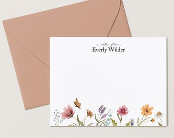 Personalized Stationary Floral Stationary Cards, Flower Stationary, Elegant Stationary for Her, 4.25 x 5.5 or 5 x 7 Notecards, Everly Flat