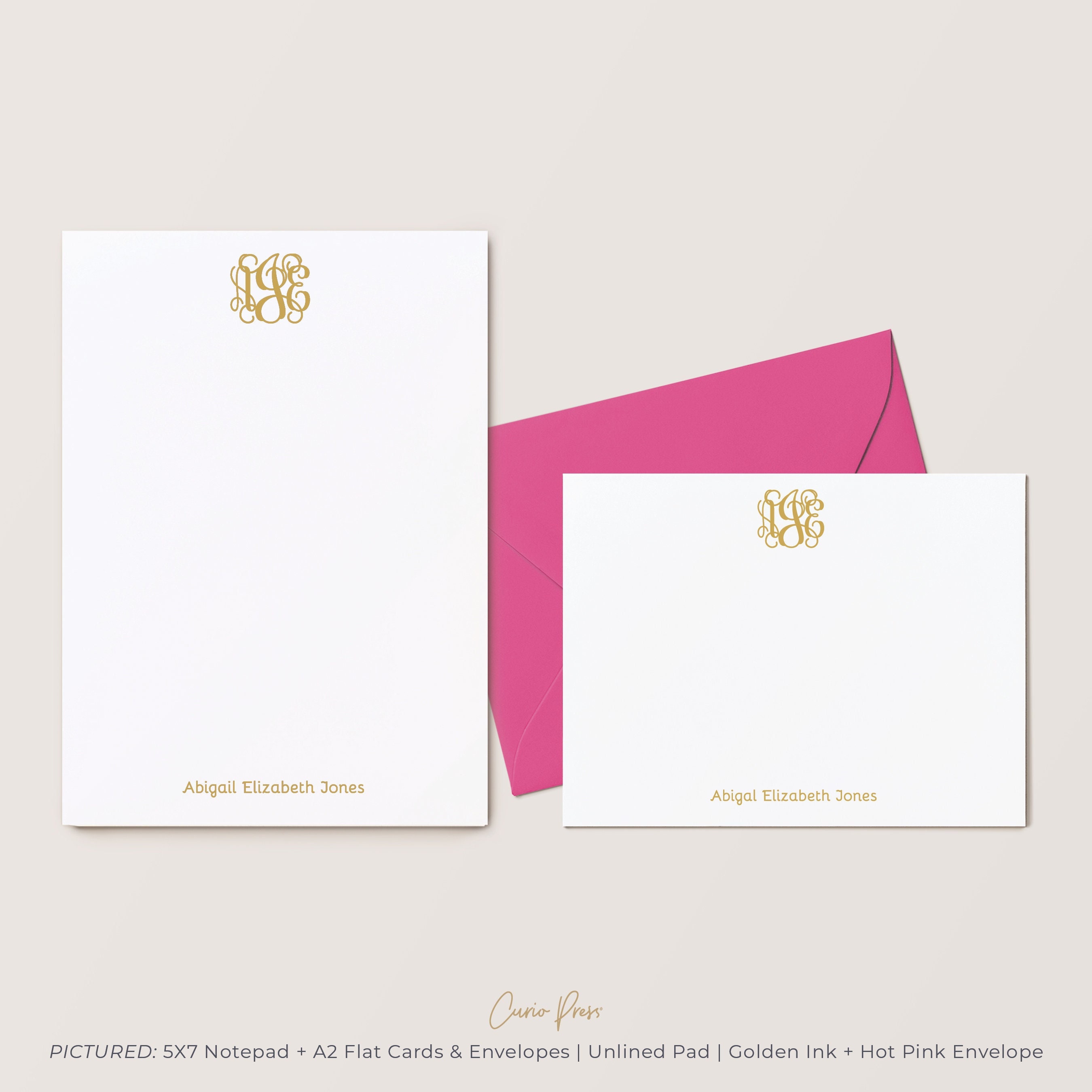 Pink Floral Monogram Note Cards, Classic Vine Monogram Cards with  Envelopes, Personalized Stationery Set for Women, Pack of 10 Folded Note  Cards