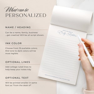 May include: A white notepad with blue lines and a blue script font that says "From the desk of Emily Ralston". The notepad has a section on the right side that lists options for personalization, including name, ink color, optional lines, and optional text.