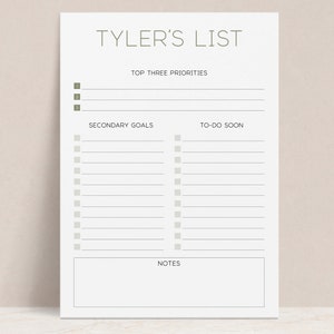 May include: A printable to-do list with the title "Tyler's List". The list is divided into three sections: Top Three Priorities, Secondary Goals, and To-Do Soon. Each section has a space for writing and a checkbox to mark items as complete.