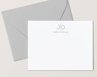 Simple Personalized Monogram Flat Card and Envelopes, Custom Men's Cards with Name and Monogrammed, 4.25 x 5.5 or 5x7 Size, Thin Line Flat