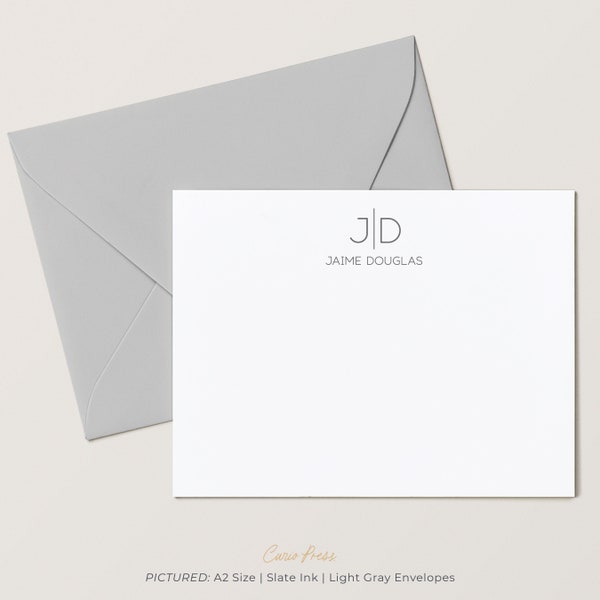 Simple Personalized Monogram Flat Card and Envelopes, Custom Men's Cards with Name and Monogrammed, 4.25 x 5.5 or 5x7 Size, Thin Line Flat