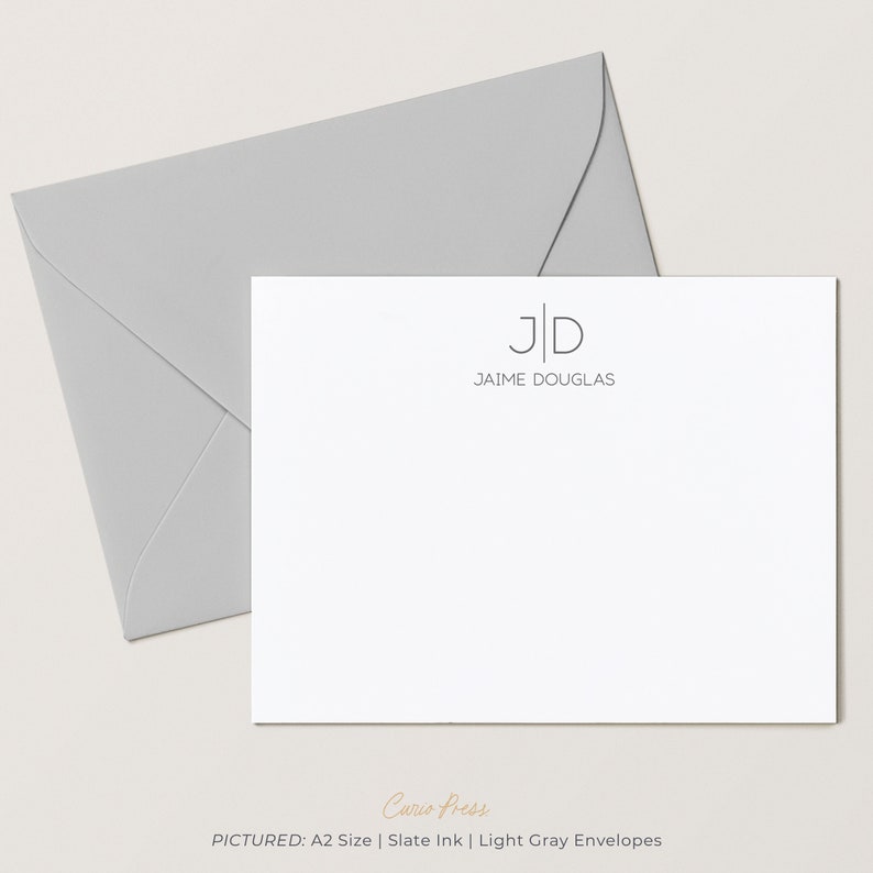 Simple Personalized Monogram Flat Card and Envelopes, Custom Men's Cards with Name and Monogrammed, 4.25 x 5.5 or 5x7 Size, Thin Line Flat image 1