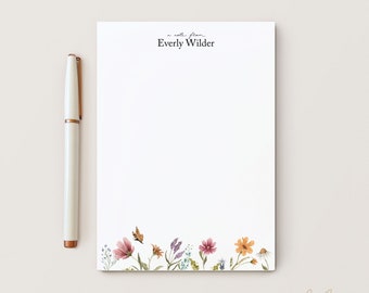 Personalized Watercolor Floral, Womens Custom Stationery, Whimsical Botanical and Colorful Floral, 5 x 7 or 8 x 10 with 50 Sheet, Everly Pad