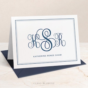 Personalized Monogram Folded Note Cards with Envelopes | Preppy 3 Letter Custom monogrammed Stationery with Border for Women Men Couple