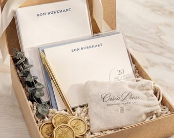 Personalized Stationery Gift Box Set • Custom Note Cards and Notepad with Gold Pen • Luxury Writing Set for Her • Monogrammed Corporate Gift