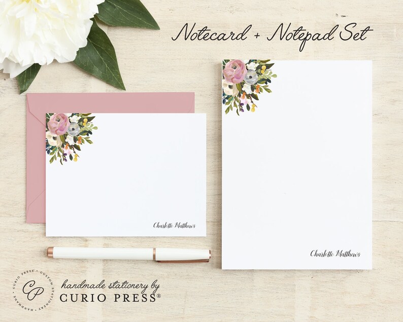Pad Personalized Stationery Set Notecard and Notepad Stationary Set Floral Women/'s Cute Cards AMELIA FLORALS 2-SET Flat