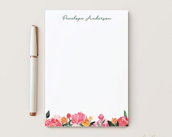 Personalized Floral Watercolor Notepad, Flower Notepads, Elegant Script Font with Pink Botanicals, Tear Away 50 Sheet Notepad, Penelope Pad