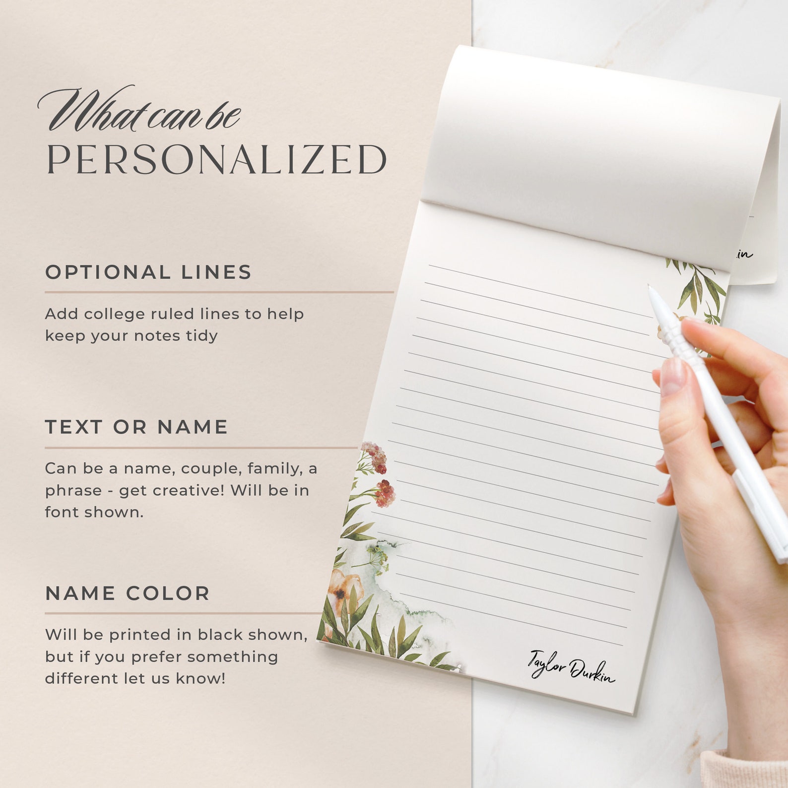 Botanical Notepad Personalized Wildflower Notepad | Custom Floral Stationery Pad for ...