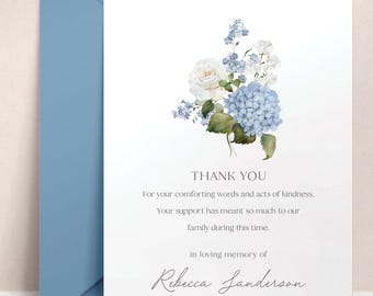Personalized Funeral Thank You Cards | Blue Hydrangea from the Family Of, Memorial Thank You, Sympathy Acknowledgement Stationary Notecards