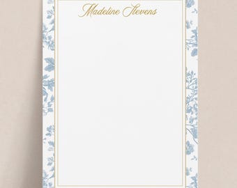 Personalized Toile Border Notepad | French Blue Floral Custom Stationery Pad for Women, Chinoiserie Calligraphy Gift for Her Mom Grandma