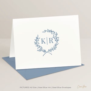 Personalized Stationery Note Cards and Envelope, Blank Inside, Folded with Classic Monogram and Name, Boxed Stationery Set, Laurel Mono Fold