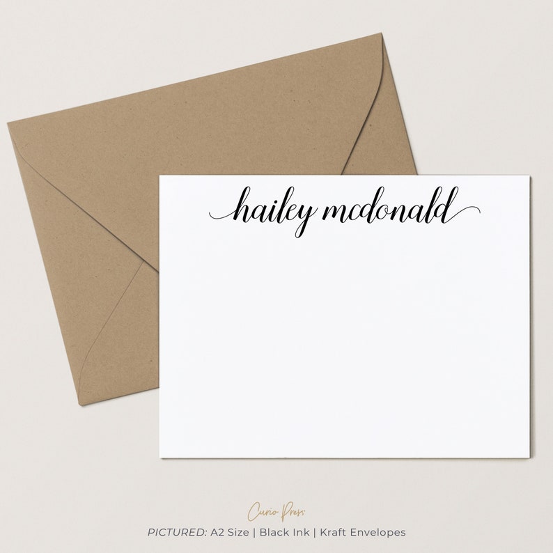 Elegant Personalized Stationery for Women, Custom Note Cards with Envelopes, Script Style, Your Choice of Colors, Graceful Script Flat image 1