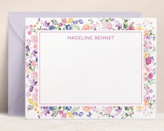 Personalized Wildflower Note Cards with Envelopes | Custom Pink Purple Floral Stationery with Name, Gift for Women Her