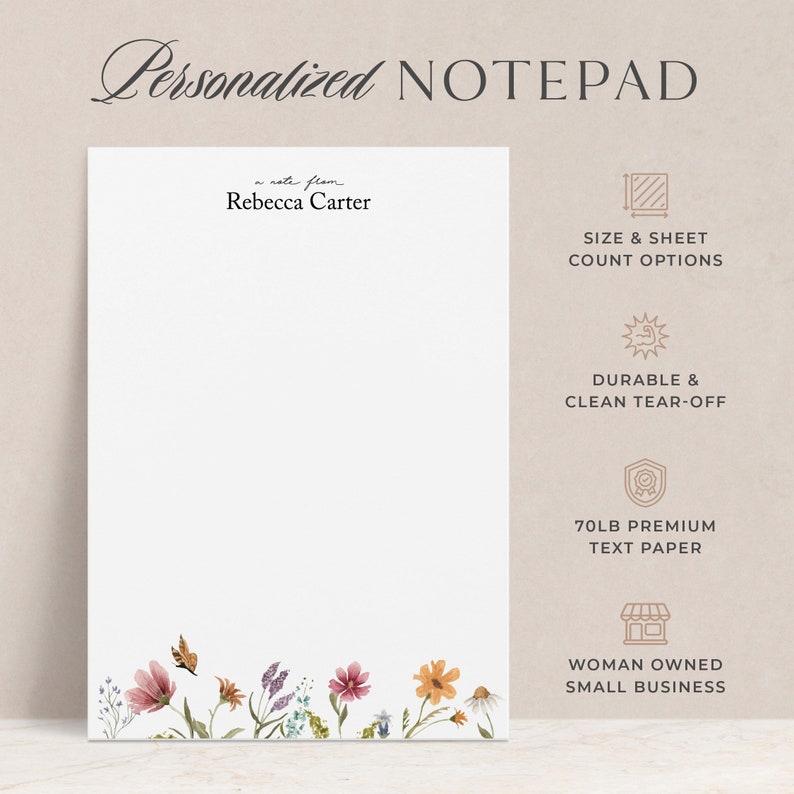 Personalized Floral Notepad, Boho Butterfly Flower Stationery, Note Pad ...