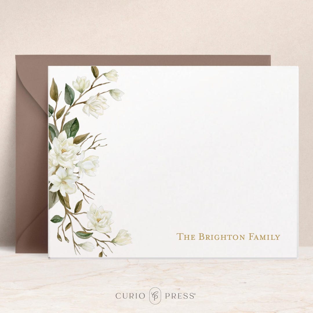 Personalized Magnolia Note Cards With Envelopes | Custom Floral Flat ...