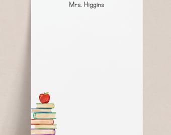 Personalized Teacher Notepad with Books and Apple | Custom School Stationery Note Pad, Back to School, End of Year Teacher Appreciation Gift