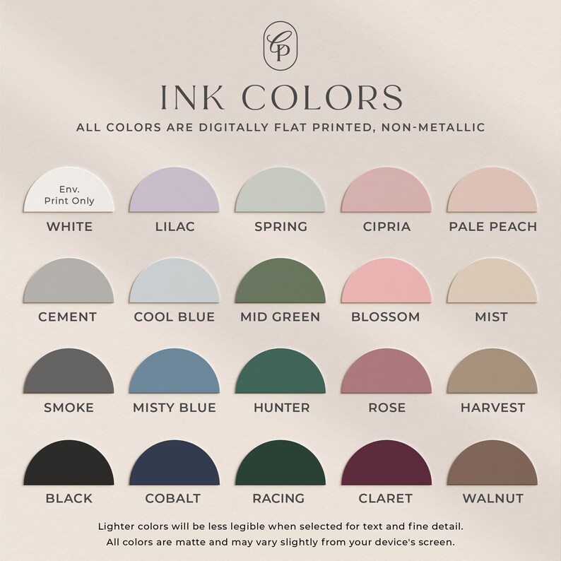 May include: A chart of ink colours for printing, showing 20 different colours in half-circle shapes. The colours are labelled with names like White, Lilac, Spring, Pale Peach, Cement, Cool Blue, Mid Green, Blossom, Mist, Smoke, Misty Blue, Hunter, Rose, Harvest, Black, Cobalt, Racing, Claret, Walnut. The text "INK COLORS" is at the top of the chart, and the text "ALL COLORS ARE DIGITALLY FLAT PRINTED, NON-METALLIC" is below it.