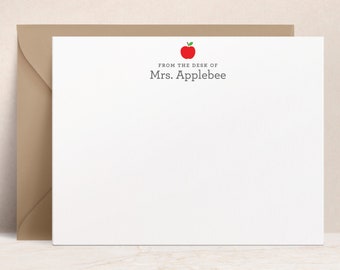 Personalized Apple Stationery Gift for Teacher Appreciation, Back to School, Custom Flat Notecard and Envelope Set for Teachers, Apple Flat