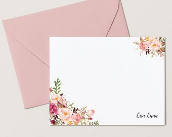 Personalized Elegant Stationary Personalized Women, Classic Floral Stationary Flat Note Cards with Envelopes for Her, Painted Florals I Flat