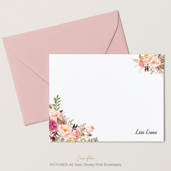 Personalized Elegant Stationary Personalized Women, Classic Floral Stationary Flat Note Cards with Envelopes for Her, Painted Florals I Flat