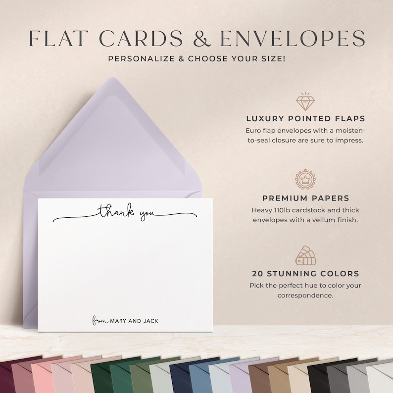 May include: A flat card with a thank you message and the text "from Mary and Jack". The card is displayed in a light purple envelope. The image also shows a variety of colors for the cardstock and envelopes, including pink, green, blue, and gray.
