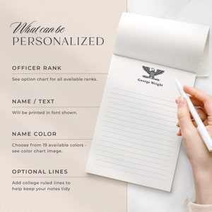 May include: A white notepad with a black eagle emblem and the text "George Wright". The notepad has lined pages and is personalized with options for officer rank, name, text, name color, and optional lines.
