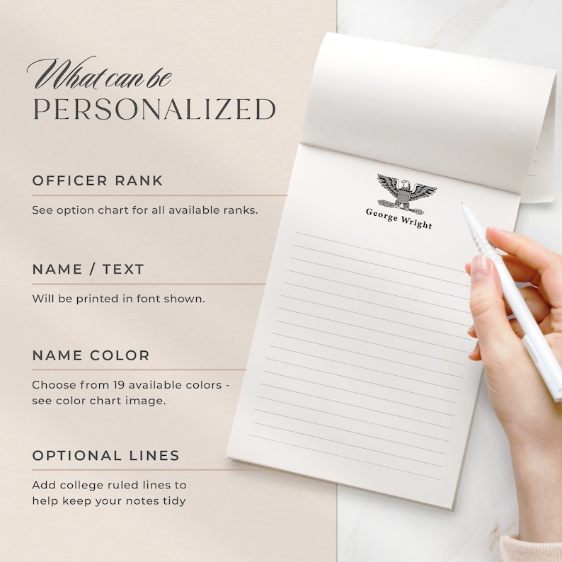 May include: A white notepad with a black eagle emblem and the text "George Wright". The notepad has lined pages and is personalized with options for officer rank, name, text, name color, and optional lines.