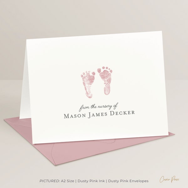 Watercolor New Baby Card, Personalized Thank you Folded Card for New Mom Baby, 4.25 x 5.5 or 5 x 7 Notecards with Envelopes, Footprints Fold