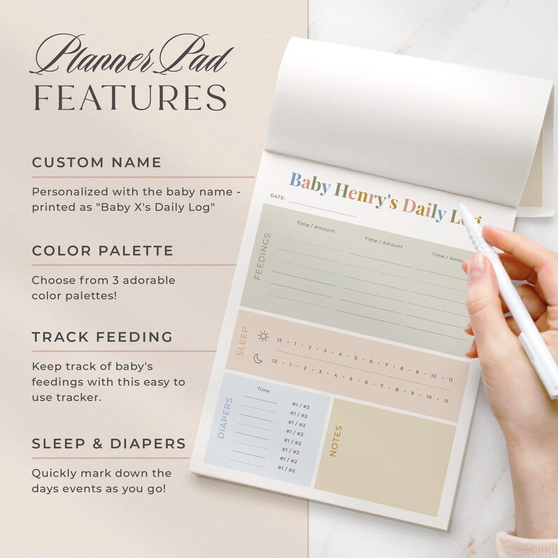 Personalized Baby Daily Log Notepad | Custom Feeding Sleep Diaper Tracker Pad, Infant Schedule, Newborn Gift for New Mom image 3