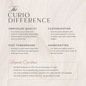May include: The Curio Difference: a text-based graphic with information about the company's commitment to quality, customization, fast turnaround, and handcrafted products. The text is in a white font on a light pink background.
