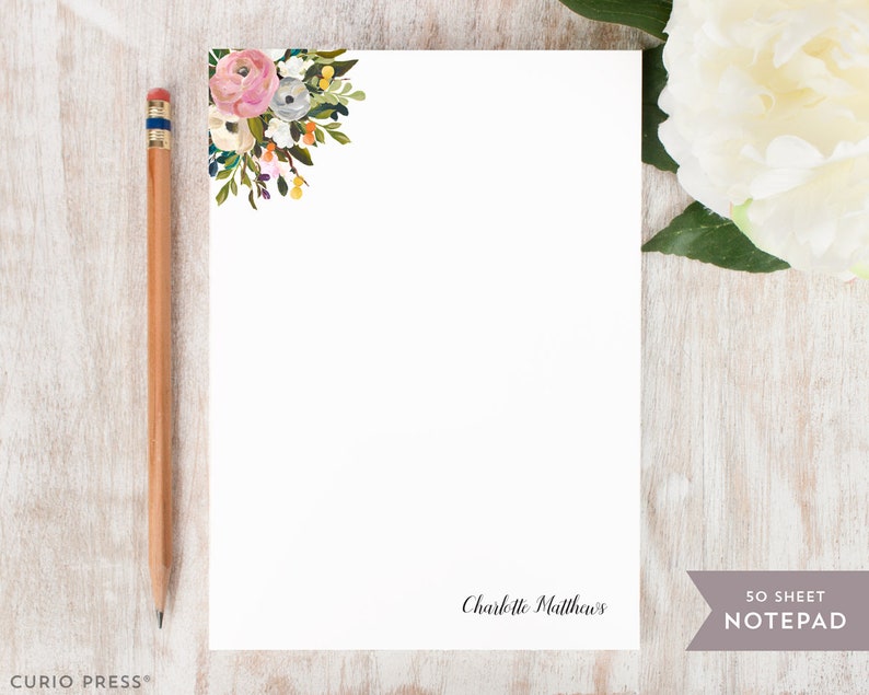 Stationery Stationary 5x7 or 8x10 Notepad AMELIA FLORALS I Personalized Notepad wedding watercolor floral pink roses peonies note