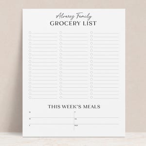 May include: A printable grocery list and meal planner with the text "Alvarez Family Grocery List" at the top. The list has three columns with blank lines for writing items. The meal planner has a section for each day of the week.