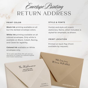 May include: A guide to envelope printing options, including color choices, font styles, and placement options. The text includes "Envelope Printing", "Return Address", "Print Color", "Style & Fonts", "Print Location", "Black ink printing available on all but the darkest envelope colors.", "White ink printing available on all colored envelopes. Only white is available on Black, Cobalt, Racing, and Claret for legibility.", "Colored ink available on White envelopes only.", "Font(s) and style will match stationery. Name, when included, is styled for emphasis, as shown.", "Printed on back flap (front available by request)."