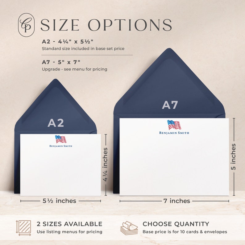 K&ouml;nnte beinhalten: Zwei Gr&ouml;&szlig;en von leeren Briefpapierkarten mit Umschl&auml;gen. Die kleinere Karte ist 11,4 cm x 14 cm gro&szlig; und die gr&ouml;&szlig;ere 12,7 cm x 17,8 cm. Beide Karten haben ein amerikanisches Flaggen-Design in Blau und Rot und den Text "Benjamin Smith".