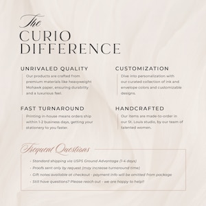 May include: The Curio Difference: a text-based graphic with information about the company's commitment to quality, customization, fast turnaround, and handcrafted products. The text is in a white font on a light pink background.