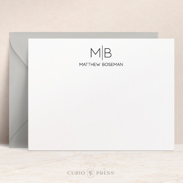 Personalized Monogram Flat Note Cards with Envelopes | Custom Stationery for Men, Groomsmen Gift for Him, Monogrammed Stationary Notecards