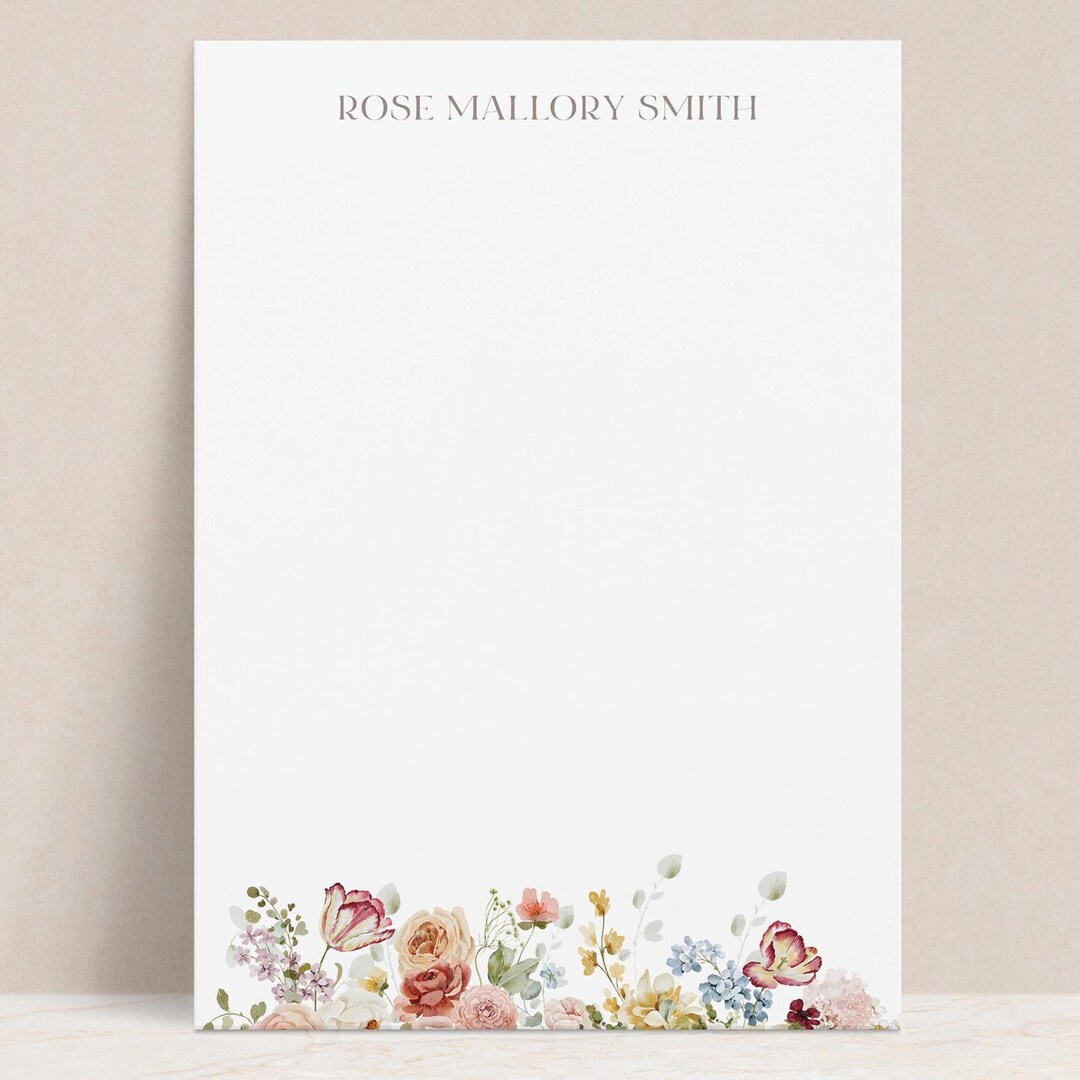 Personalized Floral Stationery Set, Custom Name Watercolor Flower Note ...