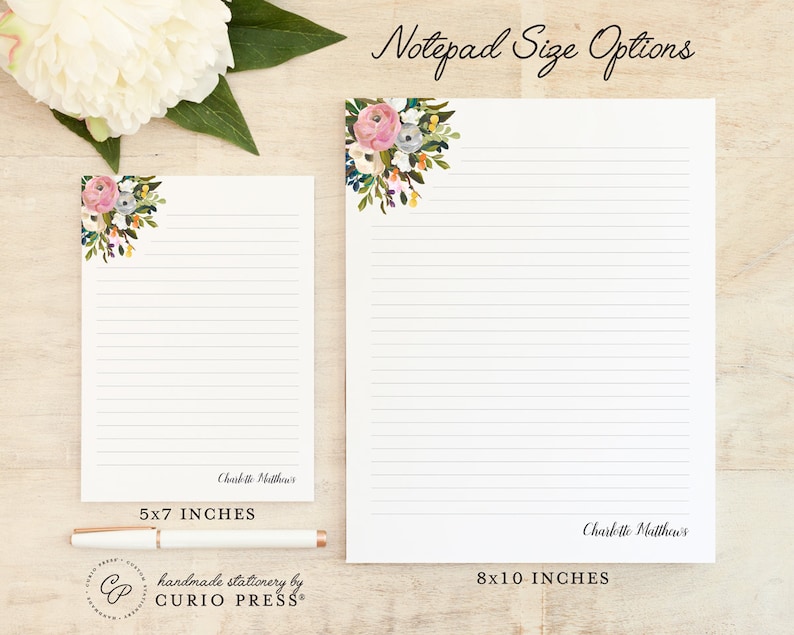Stationery Stationary 5x7 or 8x10 Notepad AMELIA FLORALS I Personalized Notepad wedding watercolor floral pink roses peonies note
