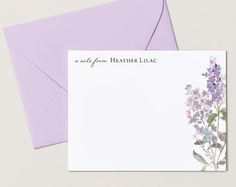 Personalized Note Cards with Name and Watercolor Flower Design, 4.25 x 5.5 or 5x7 Card with Envelopes, Floral Thank You Cards, Lilac Flat